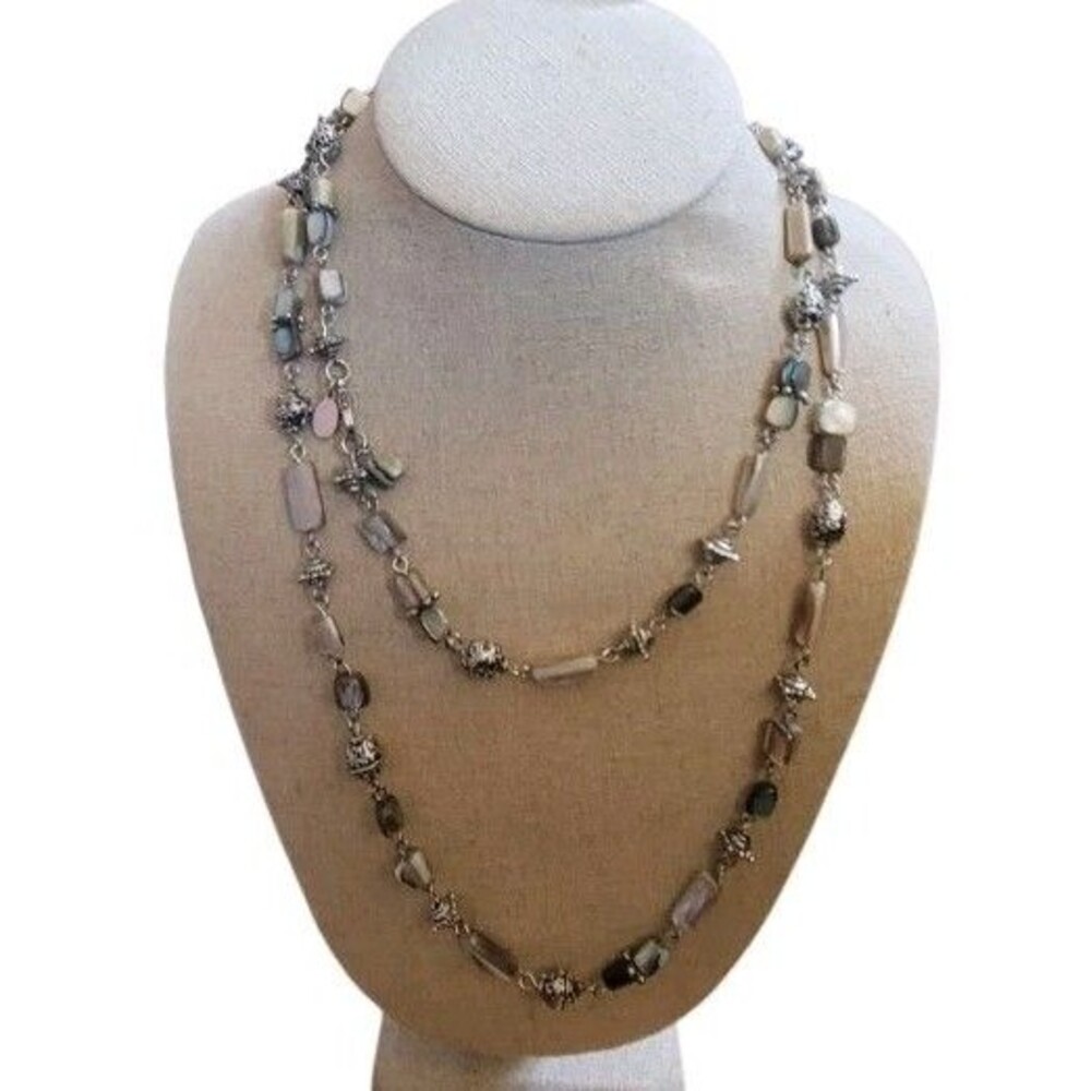 Cookie Lee  Abalone Shell & Fancy Silver Tone  Beaded Station  Necklace 40”